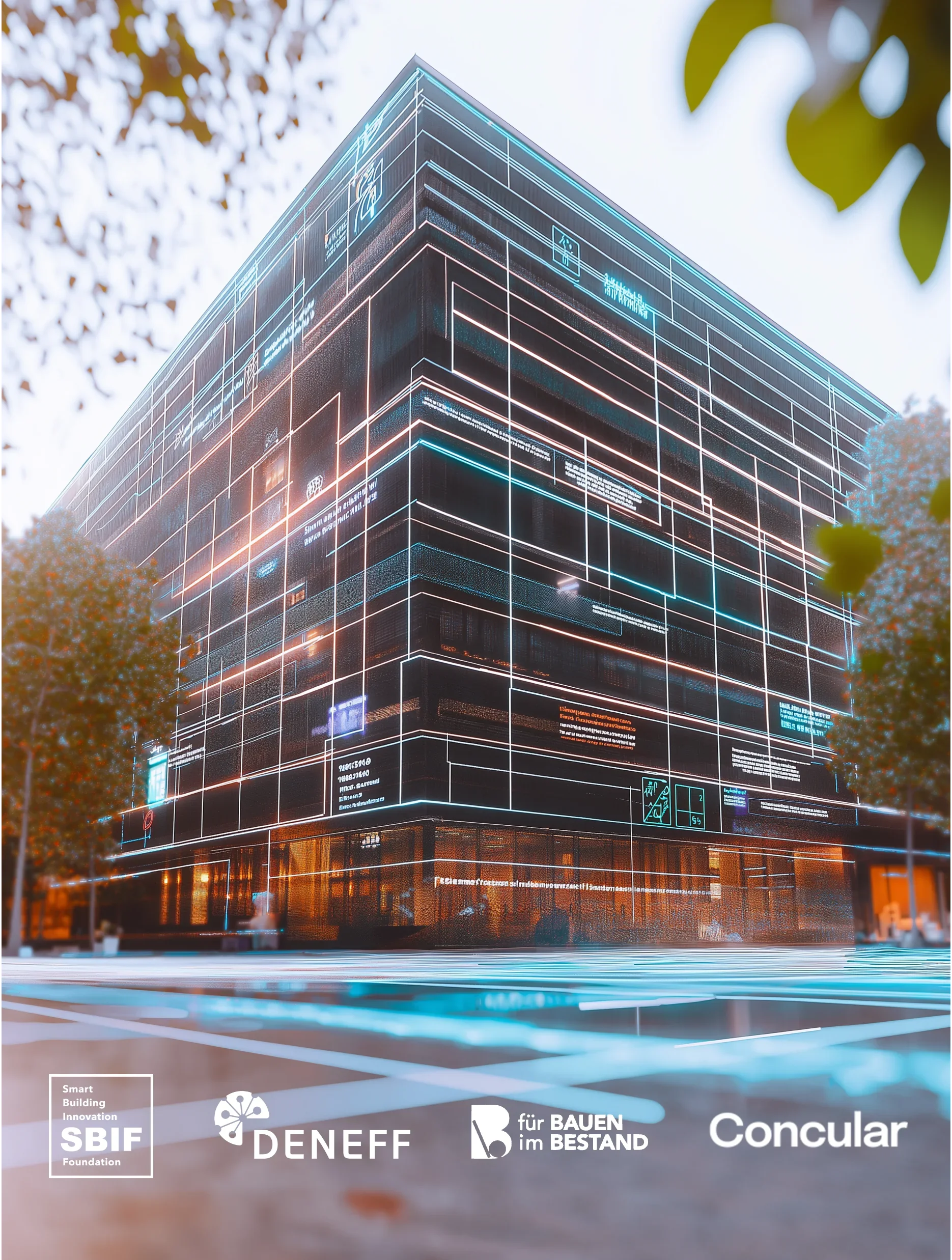 Modernes Gebäude mit digitaler Architektur-Visualisierung. Leuchtende Linien und Texte heben technische Details hervor. Logos von SBIF, DENEFF, für Bauen im Bestand und Concular unten im Bild.