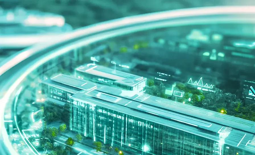 Visualisierung eines futuristischen, digital vernetzten Gebäudekomplexes in einer Stadt. Leuchtende Linien und grafische Overlays symbolisieren Datenflüsse, Energieoptimierung und intelligente Steuerungssysteme.