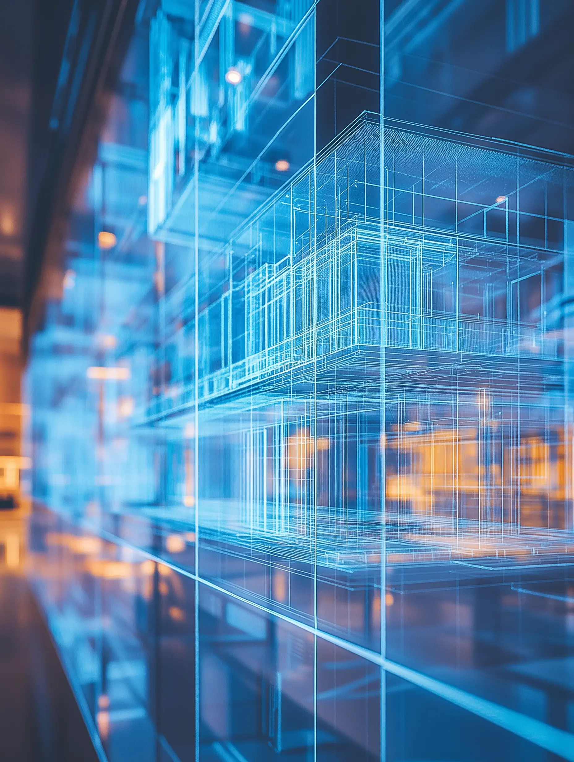 Futuristische Darstellung eines digitalen Gebäudemodells mit leuchtenden blauen Linien und transparenten Strukturen. Die Architektur wirkt wie ein holografisches 3D-Rendering und symbolisiert den Einsatz von Building Information Modeling (BIM) oder digitalen Zwillingen in der Bau- und Immobilienbranche.