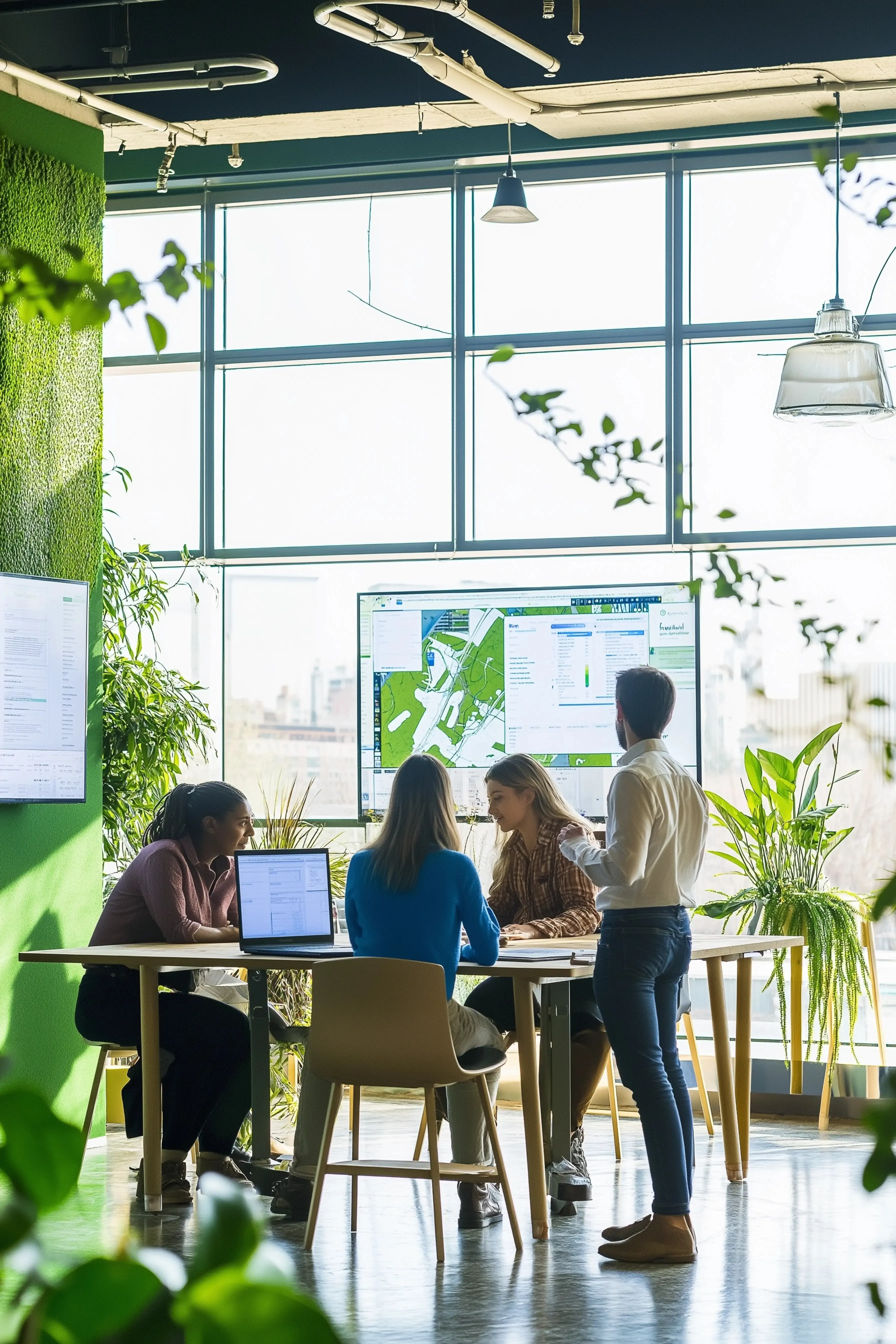 Team collaborating in a modern office space with plants and digital displays