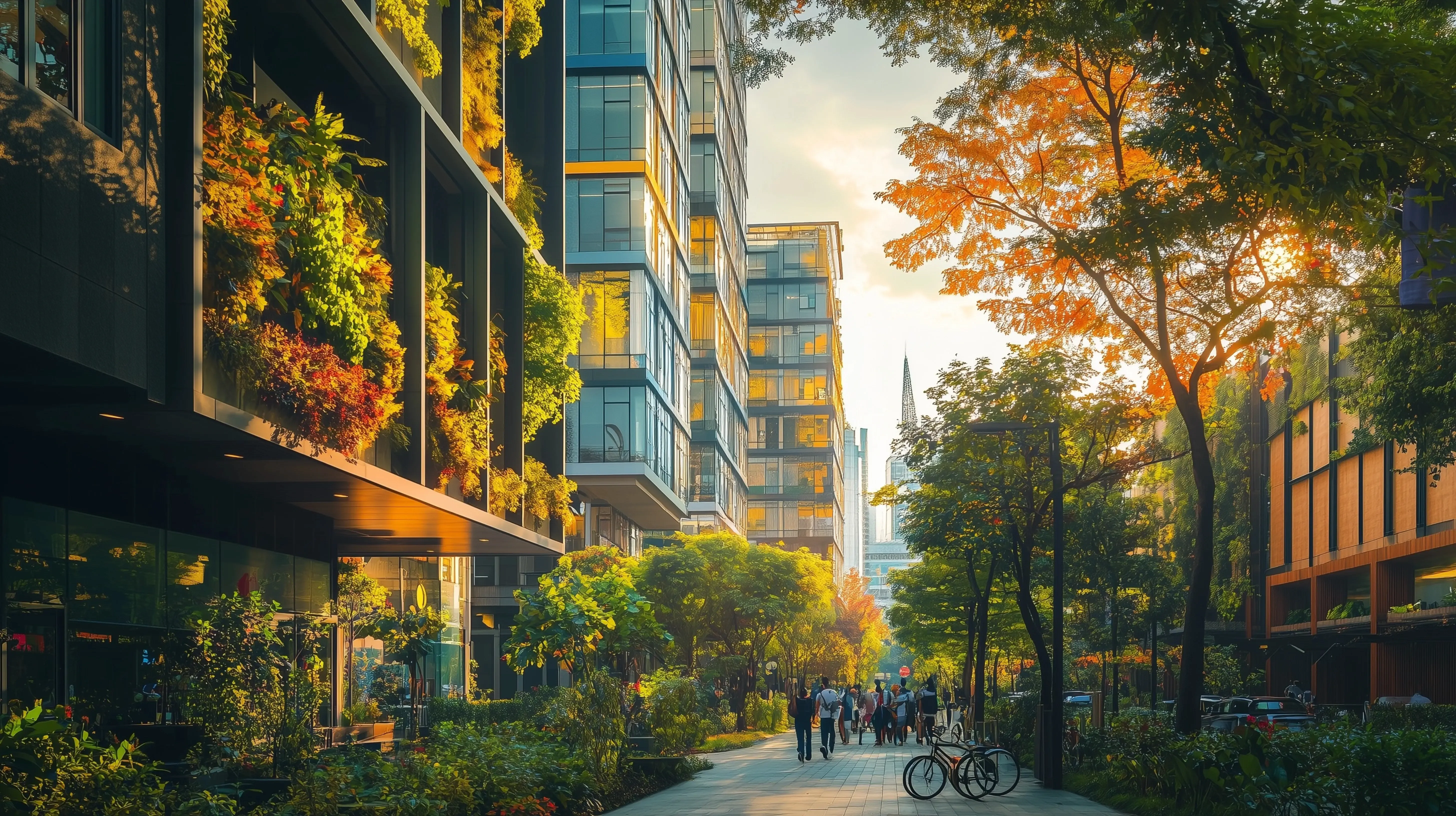 Modern sustainable building with green spaces